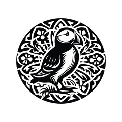 Wall Mural - Puffin bird in bohemian black and white silhouette illustration