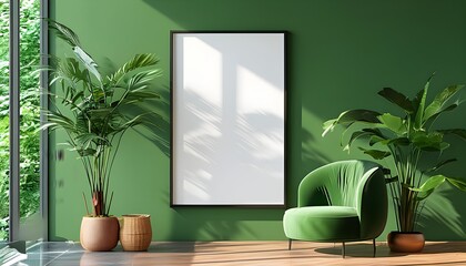 Wall Mural - Blank picture frame mockup against a vibrant green wall, showcasing Generative AI creativity and design potential