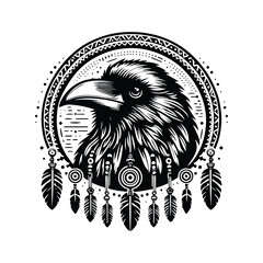 Wall Mural - raven bird in bohemian black and white silhouette illustration