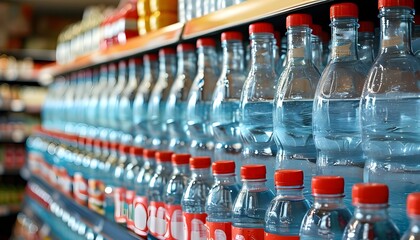 Refreshing collection of bottled drinking water on supermarket shelf ready for customers