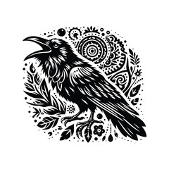 Wall Mural - raven bird in bohemian black and white silhouette illustration