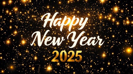 Celebratory golden sparkles with Happy New Year 2025 greeting at midnight, New Year Illustration, New Year Artwork