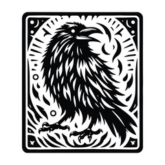 raven bird in Tarot card black and white silhouette illustration