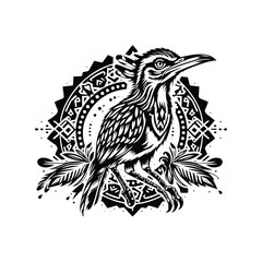 Wall Mural - Roadrunner bird in bohemian black and white silhouette illustration