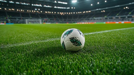 A white and green soccer ball sits on a green field with a blurred background of a stadium and spectators.