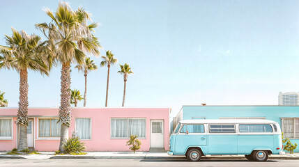 A vintage blue van parked in front of a pastel-colored motel with palm trees in the background.