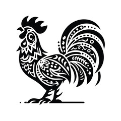 Wall Mural - Rooster bird in folk art black and white silhouette illustration