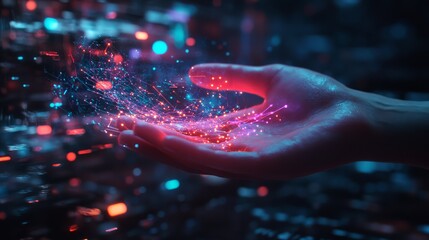 Hand holding a glowing network of data connections, symbolizing digital innovation and technological progress.