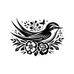 Wall Mural - Swallow bird in folk art black and white silhouette illustration