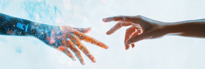 Wall Mural - Human hand reaching out to a robotic hand symbolizing human-technology connection and artificial intelligence.