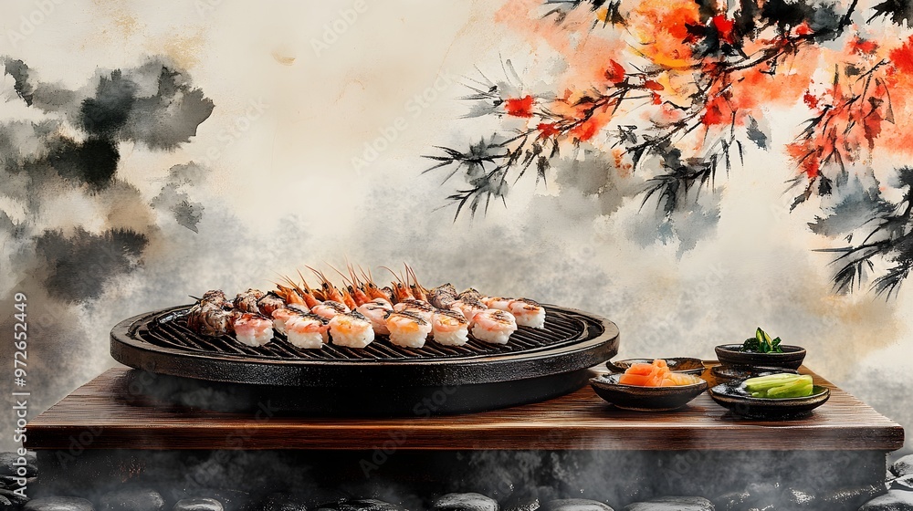 Smoking hibachi grill with fresh seafood and vegetables, surrounded by ...