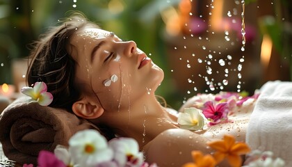 Wall Mural - Serene Spa Day with Young Woman Relaxing amidst Flowers and Water Droplets, Embracing Natural Beauty and Self-Care for Complete Wellness and Relaxation during Daytime