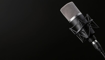 Studio microphone against a black backdrop, sharp contrast lighting, concept of music production and voice recording, high-quality sound