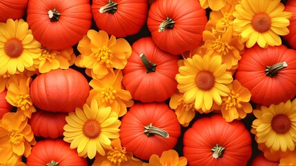 Wall Mural - Background with red pumpkins and bright yellow flowers, a fun autumn twist