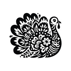 Wall Mural - Turkey bird in folk art black and white silhouette illustration