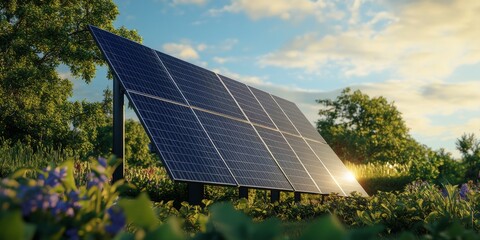 A close-up of a solar panel bathed in the warm hues of a sunset, highlighting the potential of solar energy as a clean and renewable energy source.