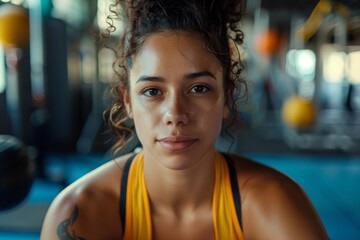 Portrait of a girl with curly hair tied back at the nape in a gym, representing the  concept of a healthy lifestyle