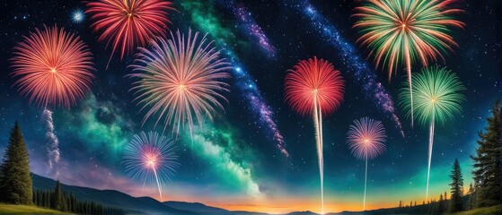 Wall Mural - Fireworks Display over Mountainous Landscape