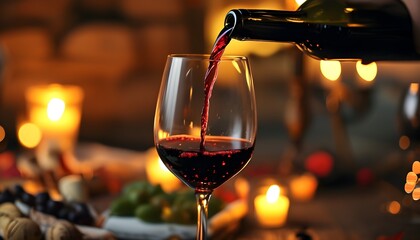 Wall Mural - Intimate Red Wine Pour with Candlelight Ambiance for Romantic Dining Experience