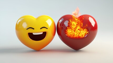  two heart-shaped emojis. The one on the left is a bright yellow heart with a happy, smiling face, featuring closed eyes and an open mouth, giving a cheerful expression