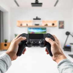 Gamepad in hands isolated on white gameroom 