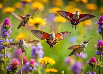 Wall Mural - Rare hummingbird moths dance among vibrant wildflowers, their iridescent wings glimmering in the sunlight as they feed