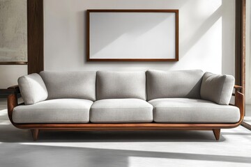 Wall Mural - Modern Minimalist Sofa with Wooden Base in Living Room Interior with Empty Frame, 3D Rendering