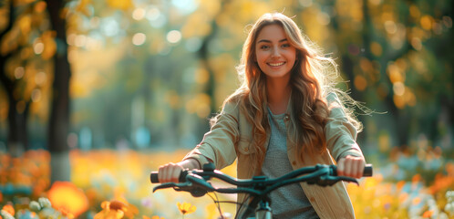 Young woman is joyfully riding bicycle through park filled with blooming flowers and warm sunlight, enjoying beautiful autumn day with bright smile on her face