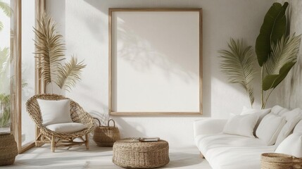 Beachinspired living room, frame mockup on lighttoned wall, natural materials, 3D illustration