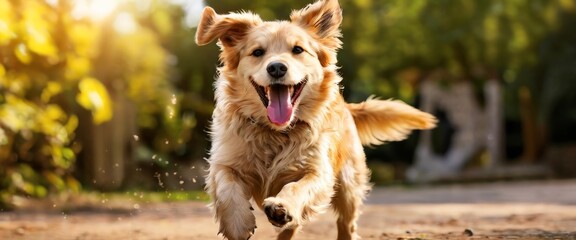 A cheerful golden retriever dog dashes energetically across a sunlit park, ears flapping and mouth open in a joyful expression. The vibrant greenery and warm sunlight create a lively and inviting