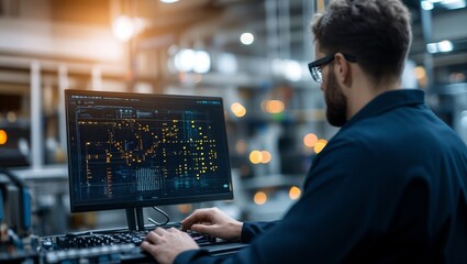Focused Professional Analyzing Data on a Computer Screen in a High-Tech Environment, Illuminated by Soft Ambient Lights, Capturing the Essence of Modern Industry and Innovation