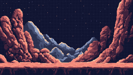 Wall Mural - pixel art space game level background, 8 bit retro style video game. Planet surface with rocks. Starry sky. Vector illustration