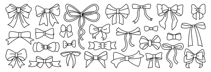 Set of linear bows and ribbons. Elegant ribbons and bow ties for gift, wrapping, birthday, wedding, Christmas, New Year greeting cards. Vector illustration isolated on white background
