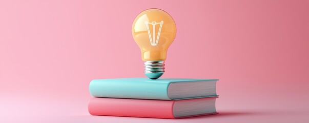 3D icon of a glowing light bulb on top of stacked books against a pink background symbolizing ideas and knowledge