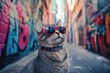 ©  S u n n y B u n n y - Cool cat wearing sunglasses in urban graffiti alley for fun and hip design.