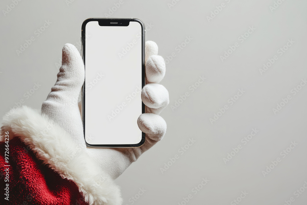 Santa Claus's hand holding a phone with a blank screen in white gloves ...