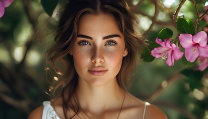 Wall Mural - Freckled Elegance: Serene Portrait of a Young Woman Surrounded by Bougainvillea in Soft Natural Light