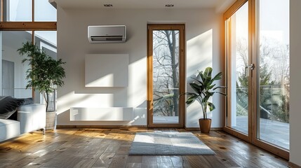 Canvas Print - Sunlight streaming through large windows in a modern living room with plants and natural wood flooring. Generative AI