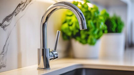 Canvas Print - A close up of a kitchen faucet with green plants in the background, AI