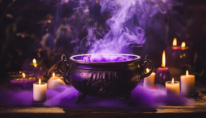 Magical cauldron with purple potion and smoke. Burning candles. Mystical concept.