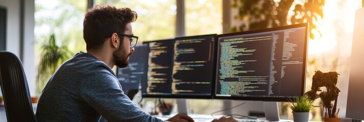 Focused coder working on multiple monitors with code displayed. Organized workspace and bright office environment for software development.