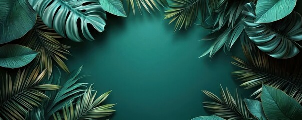 Dark green 3D wallpaper with tropical palm leaves creating a lush and calming natural background