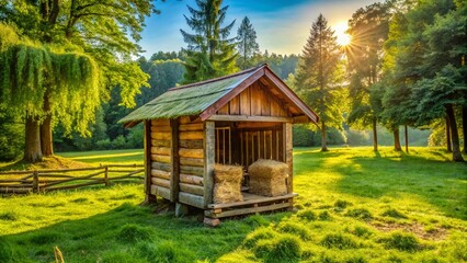 Rustic wooden calf hutch with fresh hay and water stands alone in a green pasture surrounded by mature