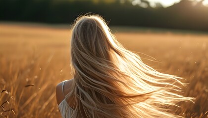 Wall Mural - Radiant blonde woman basking in a sunny field, her flowing hair dancing in the breeze, capturing the essence of natures beauty in a close-up portrait