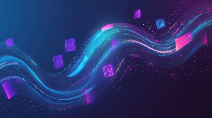 Colorful digital wave with floating icons in a futuristic tech landscape. Abstract data stream and digital technology concept.