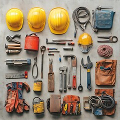 A collection of tools and equipment, including hard hats, wrenches, a tool belt, rope, and a measuring tape, arranged on a gray surface.