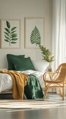 Poster - Bedroom Interior with Green and Yellow Accents.