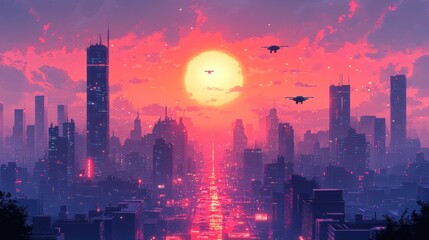 Wall Mural - Futuristic cityscape at sunset with vibrant colors and flying vehicles.