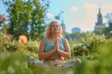 A woman practicing mindfulness meditation in a lush garden during a sunny afternoon, surrounded by blooming flowers and church spires