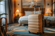 © Joaquin Corbalan - A traveler arrives at a hotel with a suitcase in a beautifully designed room during the day